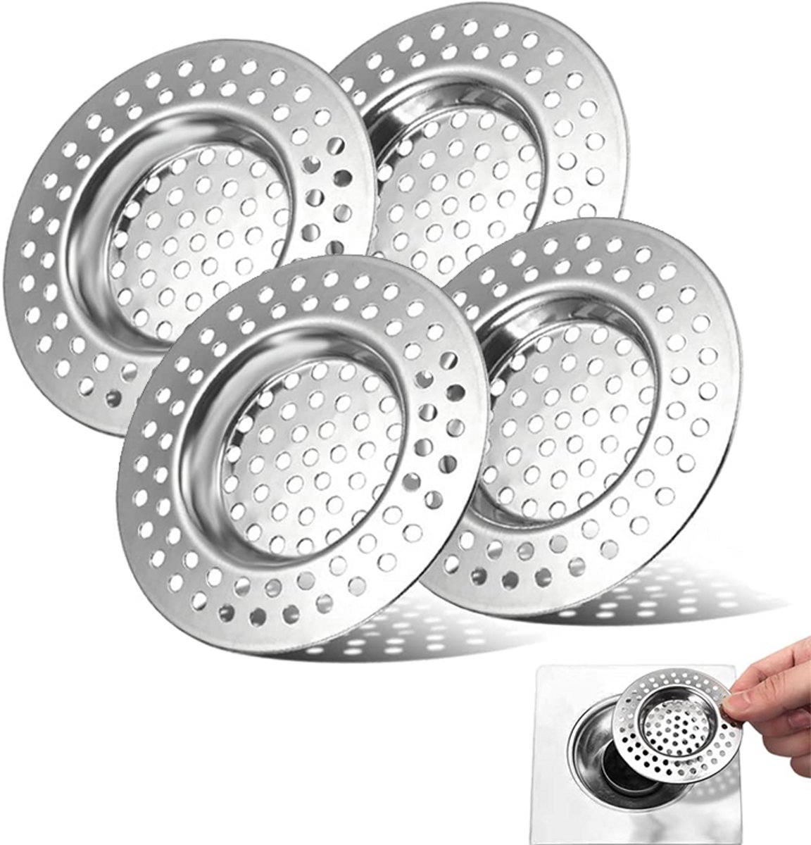 Vier roestvrijstalen gootsteenfilters, douchefilters voor haar, afvoerfilters voor gootstenen, afvoerroosters voor keukengootstenen, geschikt voor afvoeren in badkamer en keuken, en kunnen ook haar en andere verstoppingen opvangen