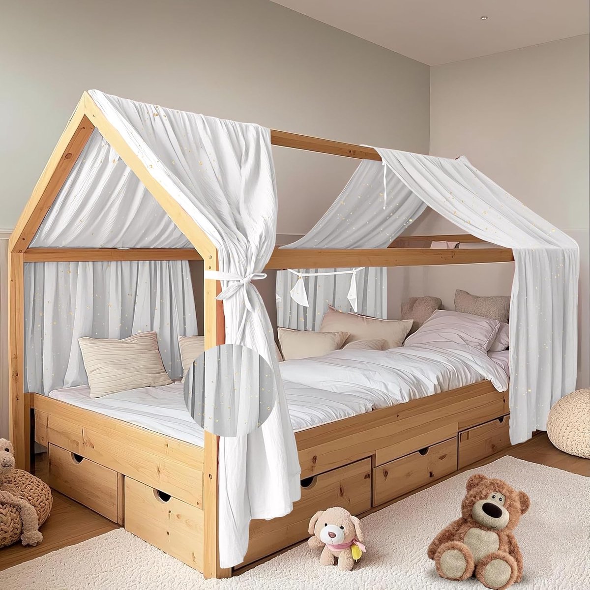 Huisbedhemel met gouden applicatie, 2 stuks, handgemaakt van 100% katoenen mousseline, stoffen hemel voor huisbeddecoratie, voor meisjes en jongens (wit, set van 2, 65 x 270 cm)