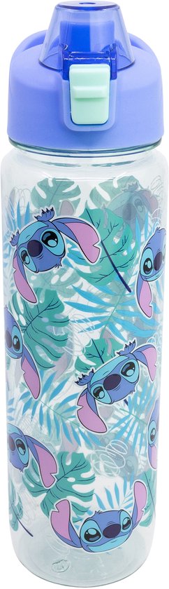Transparante drinkfles met Stitch-print, blauwe en groene bladeren. Blauwe dop met groen lipje en draaglus.