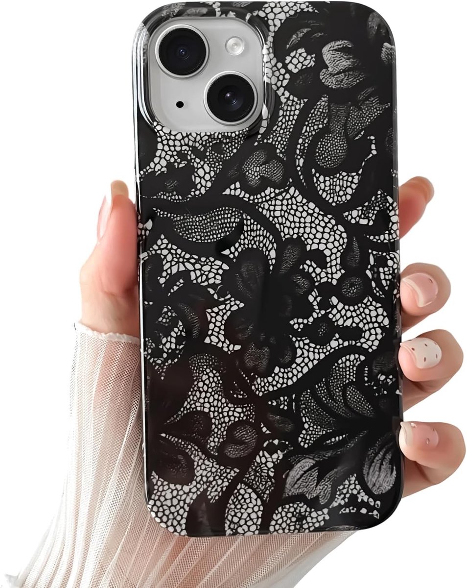 IPhone 14 hoes, zwart kant vintage patroon, zacht en dun schokbestendig TPU voor dames en meisjes - zwart