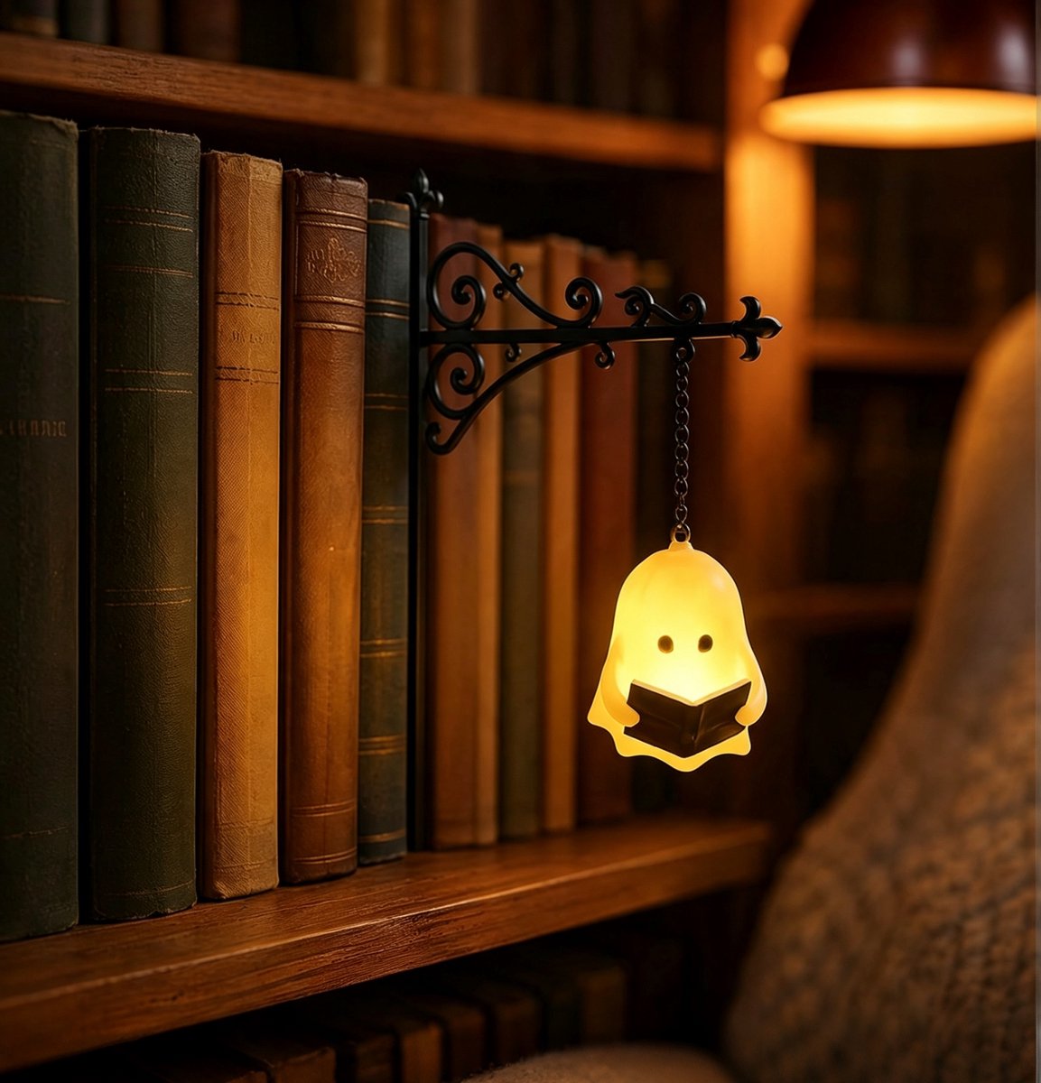 Boekensteun Metaal - Boekensteun met LED Boekenkast Lamp - Vintage Hangende Nachtlamp voor Boekenplank, Warme Sfeerverlichting voor Leeshoek, Decoratie Cadeau voor Boekenliefhebbers - Ghost Design - Halloween