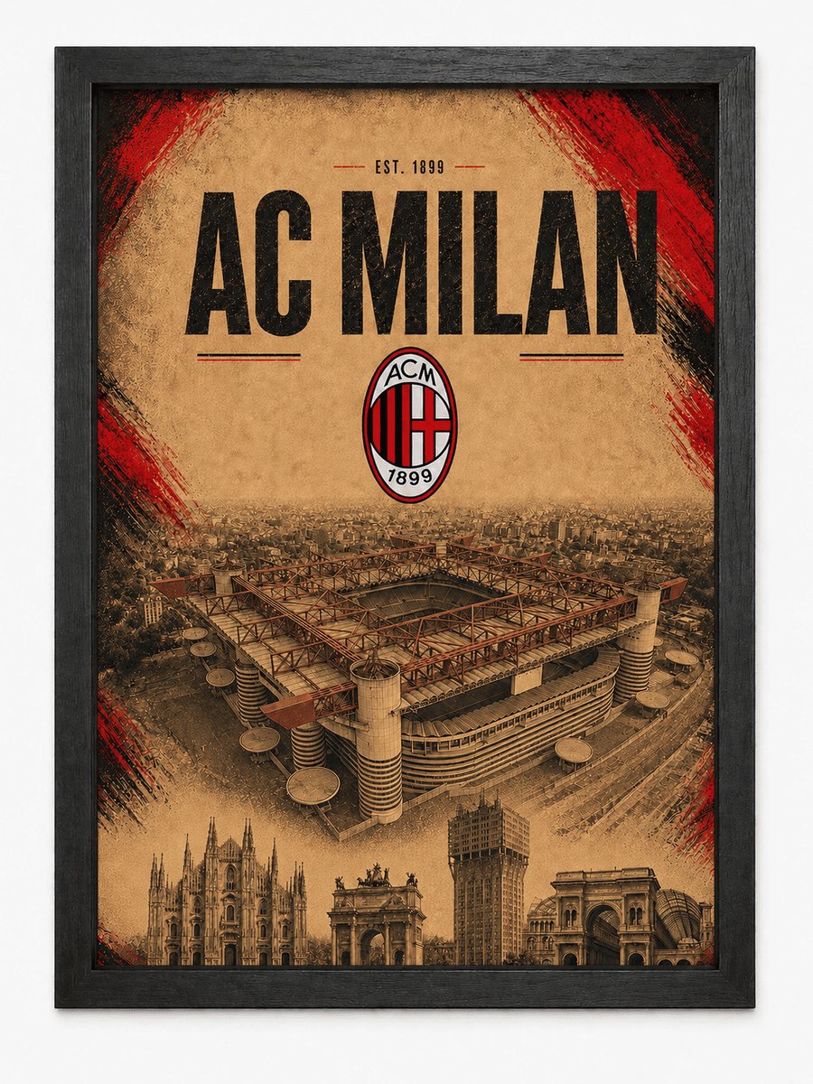 AC Milan Poster | San Siro Stadion & Milaan | Inclusief Zwarte A4 Lijst | Voetbal Wanddecoratie