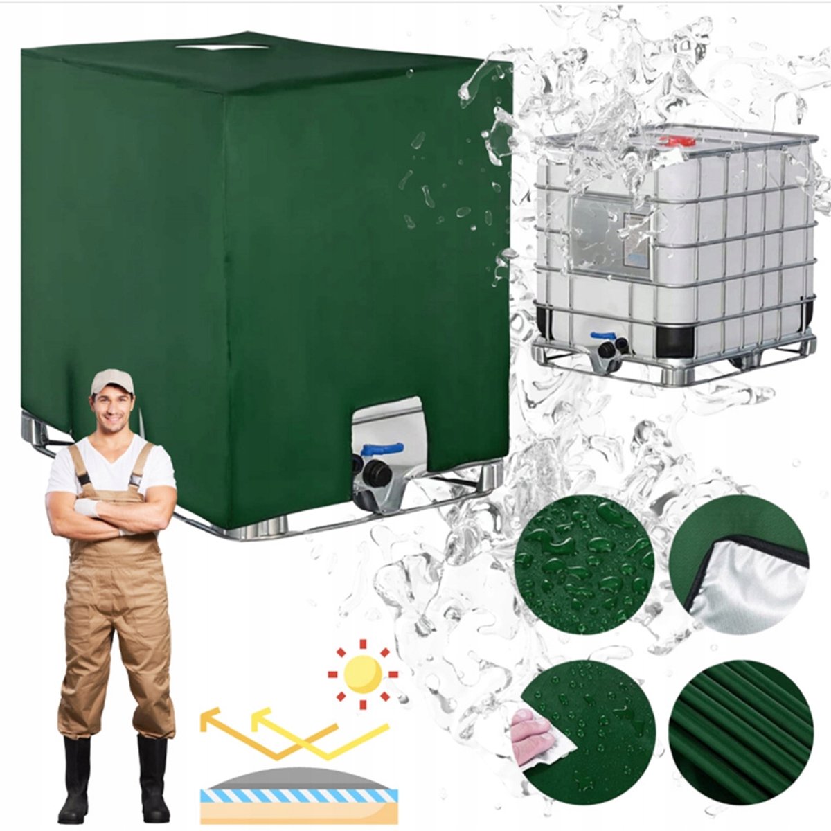 Regenhoes Voor Vaten Van Oxford-Stof Voor Buitengebruik IBC-Watertank Stofwerende Hoes - 210D Waterdicht Anti-Alg 1000L - Groen