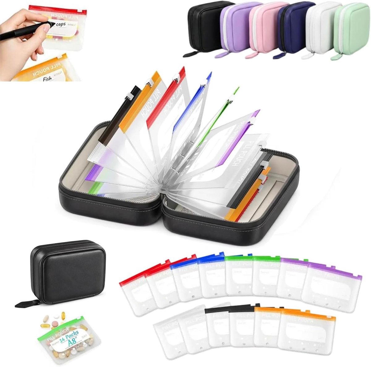 Pillendoos - Pillendoosje - met 14 gekleurde pillenzakjes - Medicijn Organizer - Pillendoos Etui - met Kleurcode & Etiket voor 14 dagen - Thuis & Onderweg - Draagbare Pillendoos Met Ritssluiting - Herbruikbaar - Medicijndoos - Pillenetui - Zwart