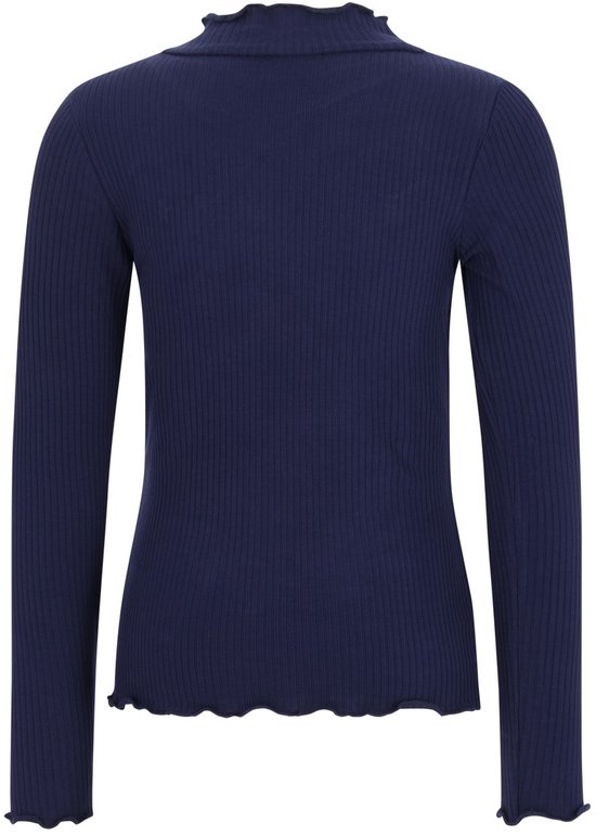 Achterkant donkerblauw ribbel T-shirt met ruches kraag en mouwen.