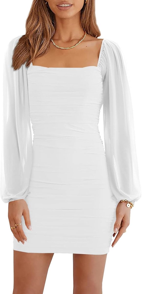 Mini-jurk voor dames, mesh, lange mouwen, vierkante hals, ruches, party, club, cocktail, bodycon