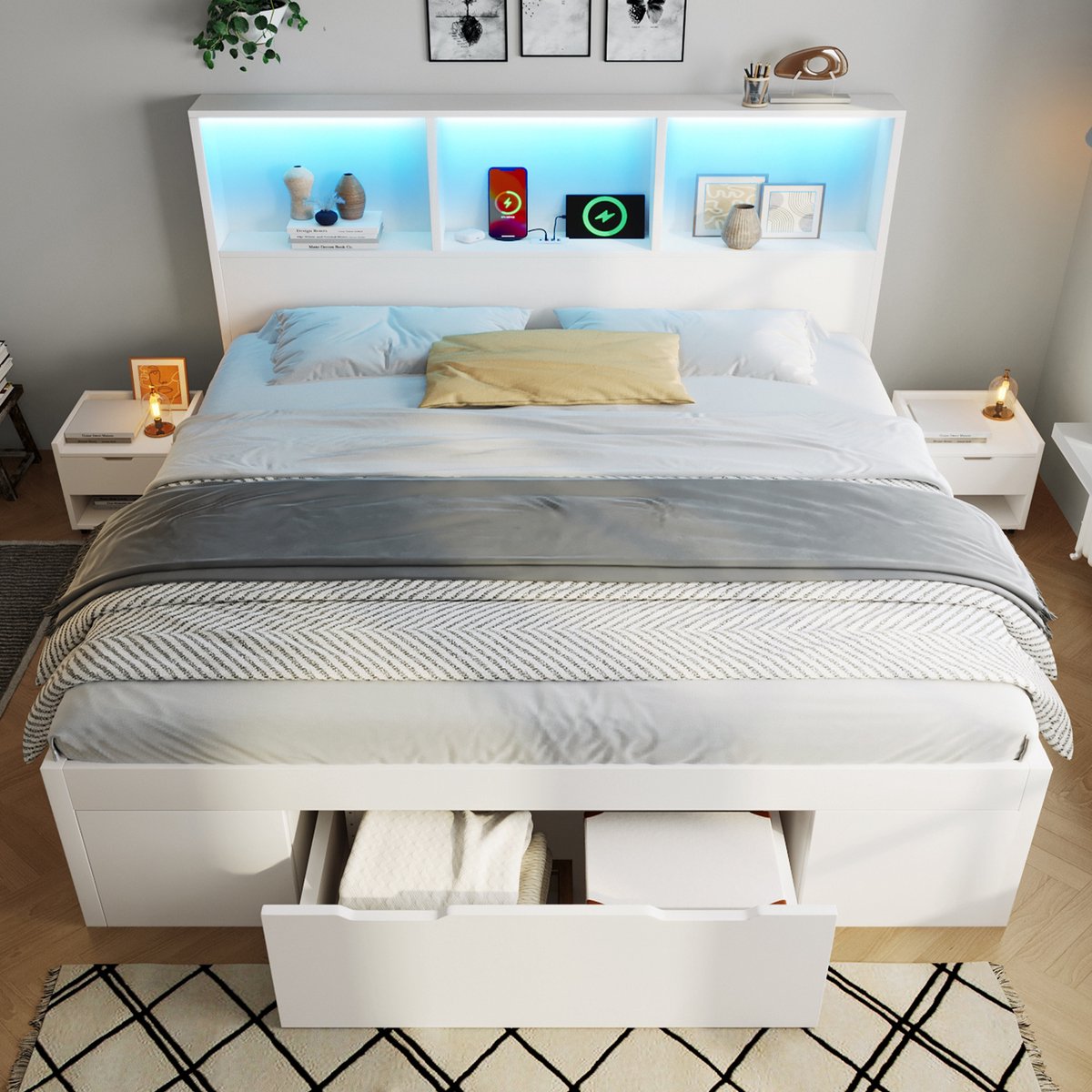 Bedframe - 140x190 Cm - Bed - Met Lattenbodem - Met Opbergruimte - LED - USB C - Wit - Zonder Matras