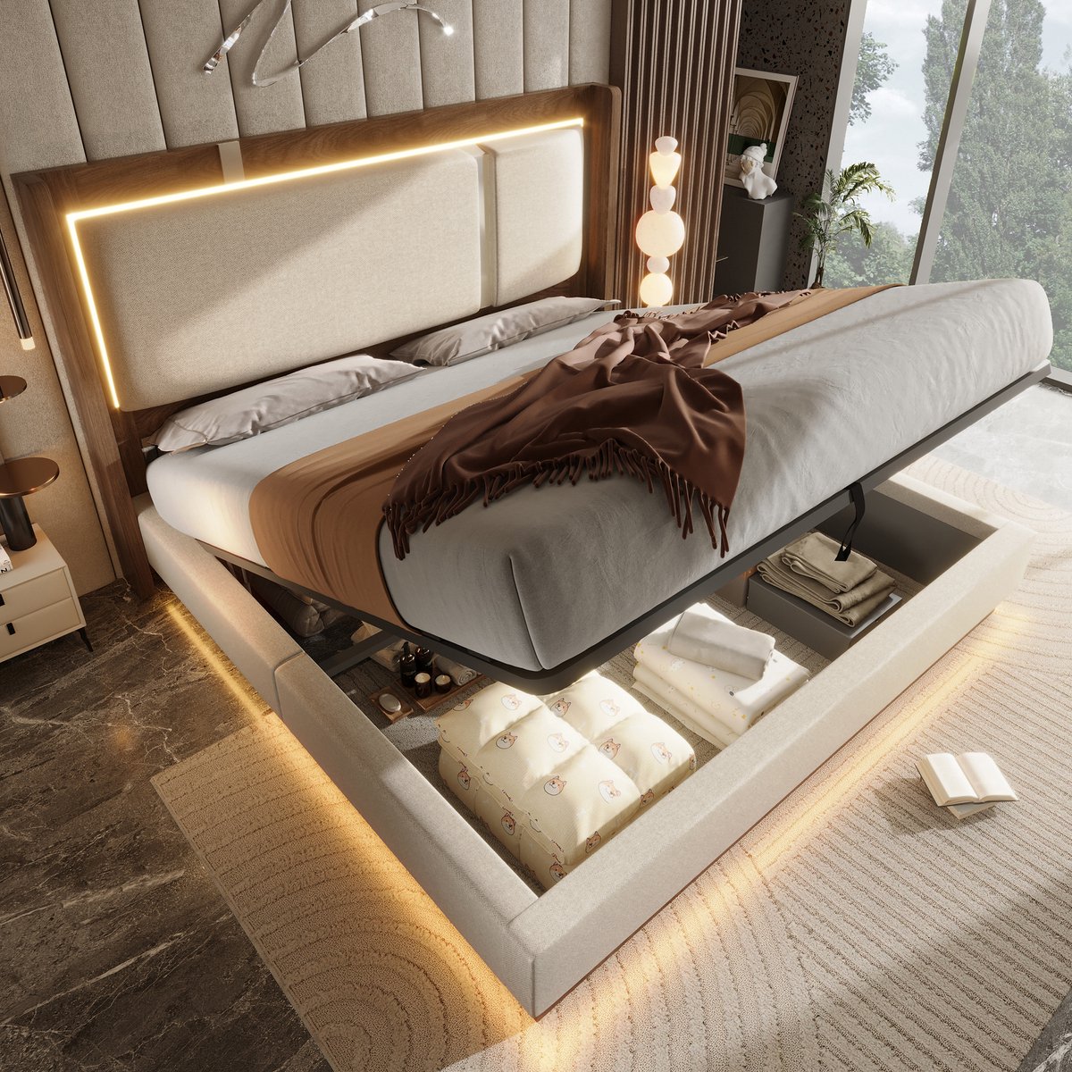 Bedframe - 140x200 Cm - Bed - Met Lattenbodem - Met Opbergruimte - LED - Walnoot - Zonder Matras