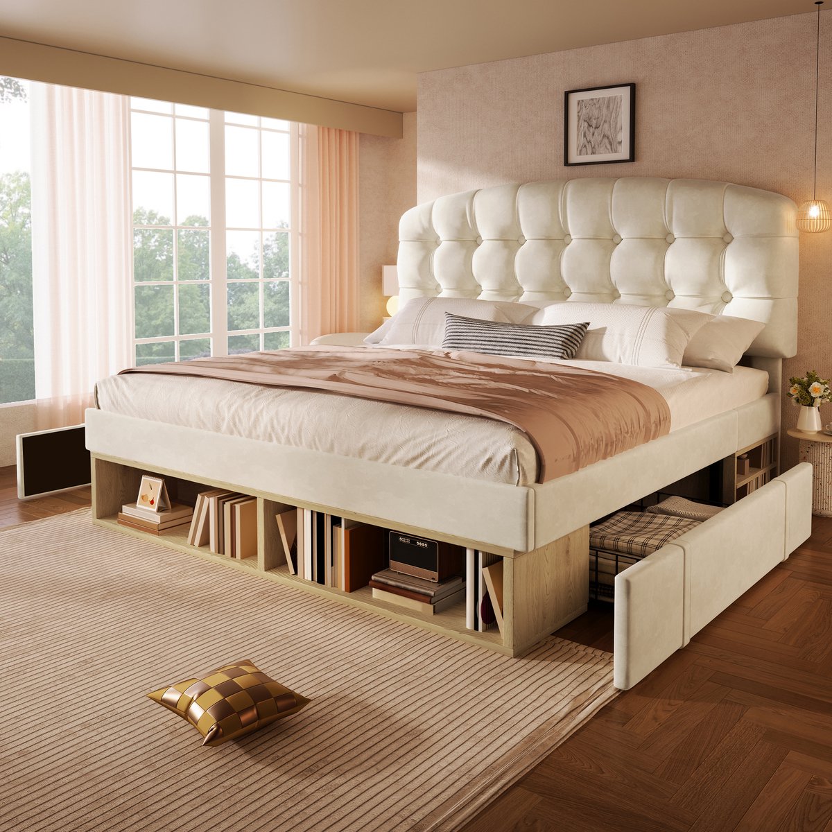 Bedframe - 140x200 Cm - Bed - Met Lattenbodem - Met Opbergruimte - Beige - Zonder Matras