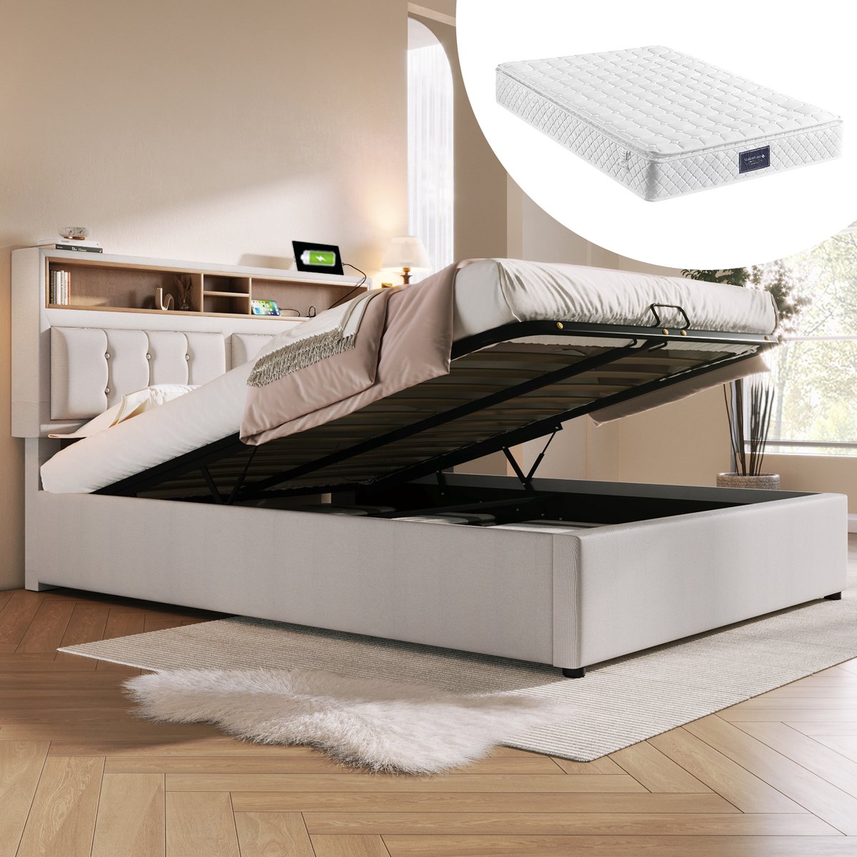Bedframe - 140x200 Cm - Bed - Met Lattenbodem - Met Opbergruimte - USB C - Beige - Met Matras