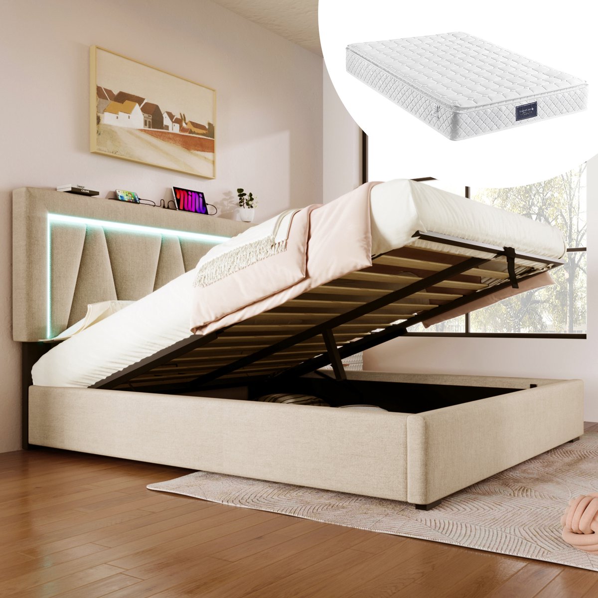 Bedframe - 140x200 Cm - Bed - Met Lattenbodem - Met Opbergruimte - LED - USB C - Beige - Met Matras