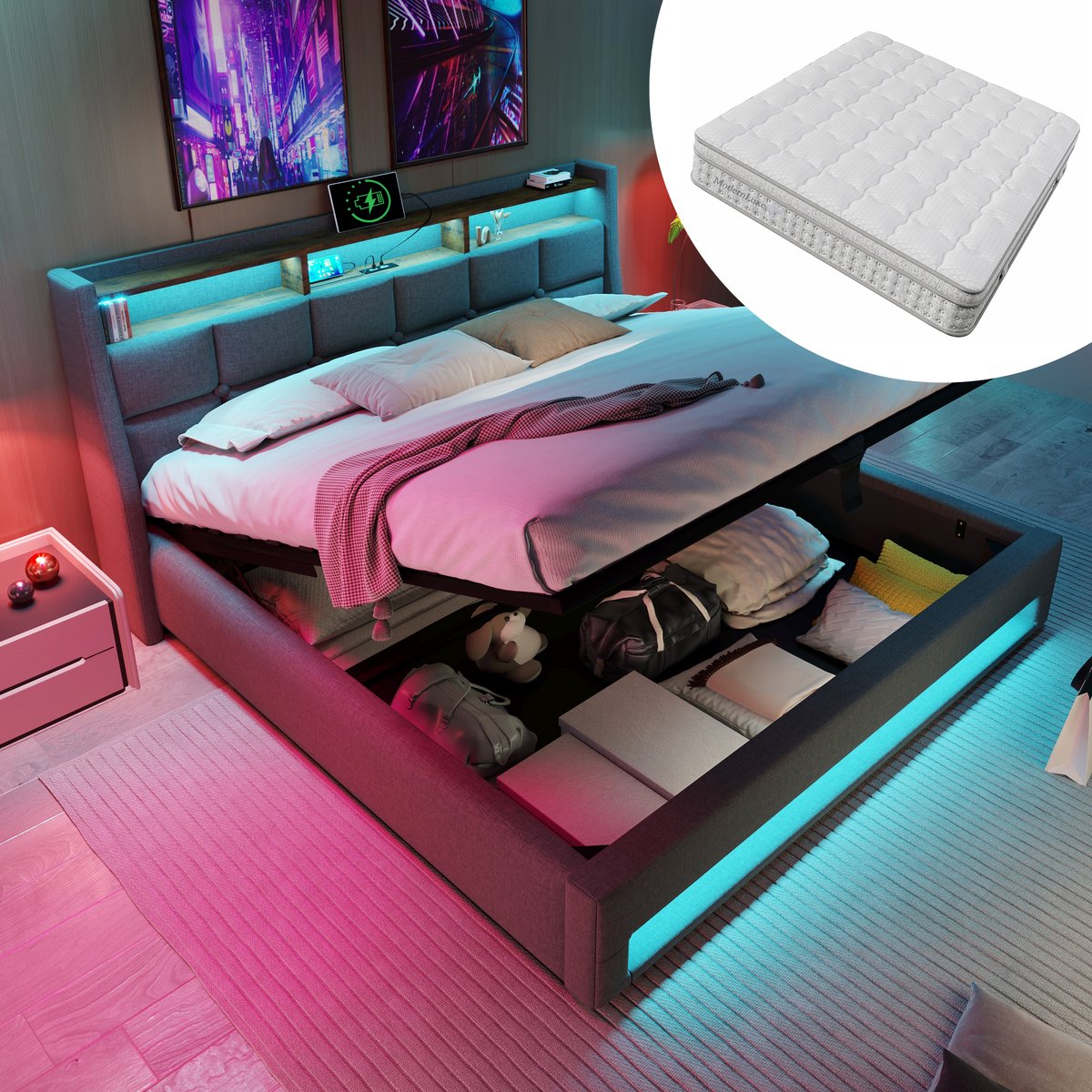 Bedframe - 140x200 Cm - Bed - Met Lattenbodem - LED - USB C - Grijs - Met Matras