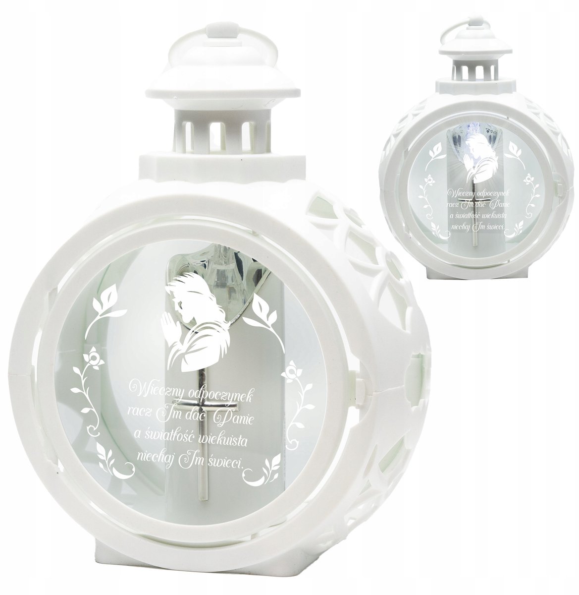 Merkloze LED Lampion voor Graf - Wit, Rond met Jezus Gravure