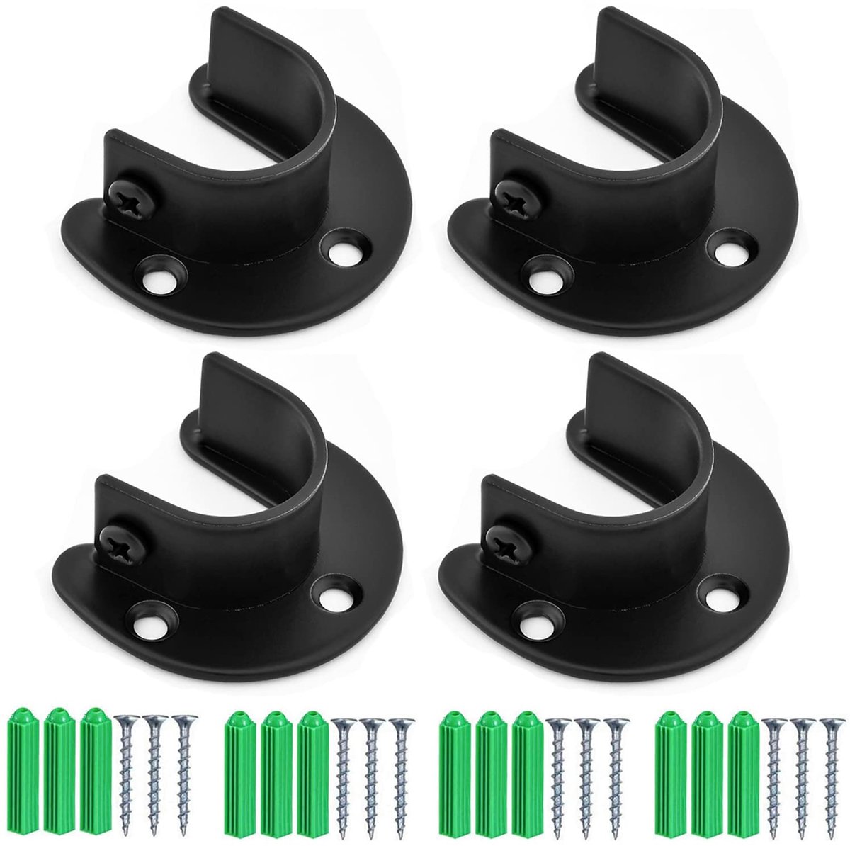 4 Stuks Stevige Wandsteunen voor Kledingstang - U-vormig met Schroef - Zwart