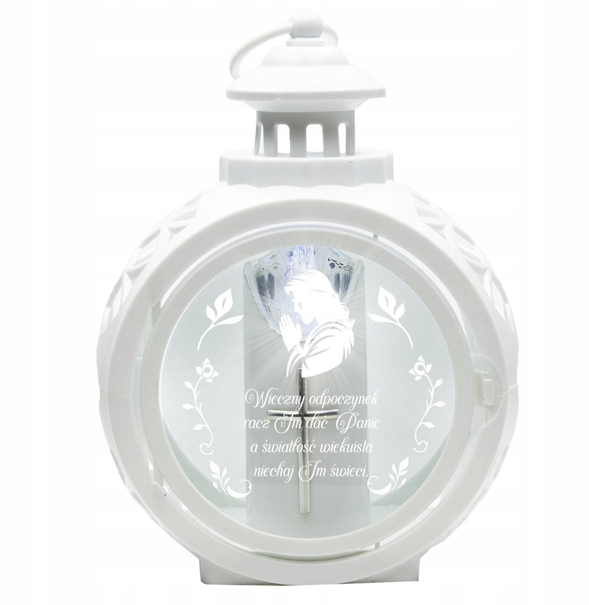 Merkloos Graf Lampion met LED Kaars - Wit, Rond, Jezus Gravure
