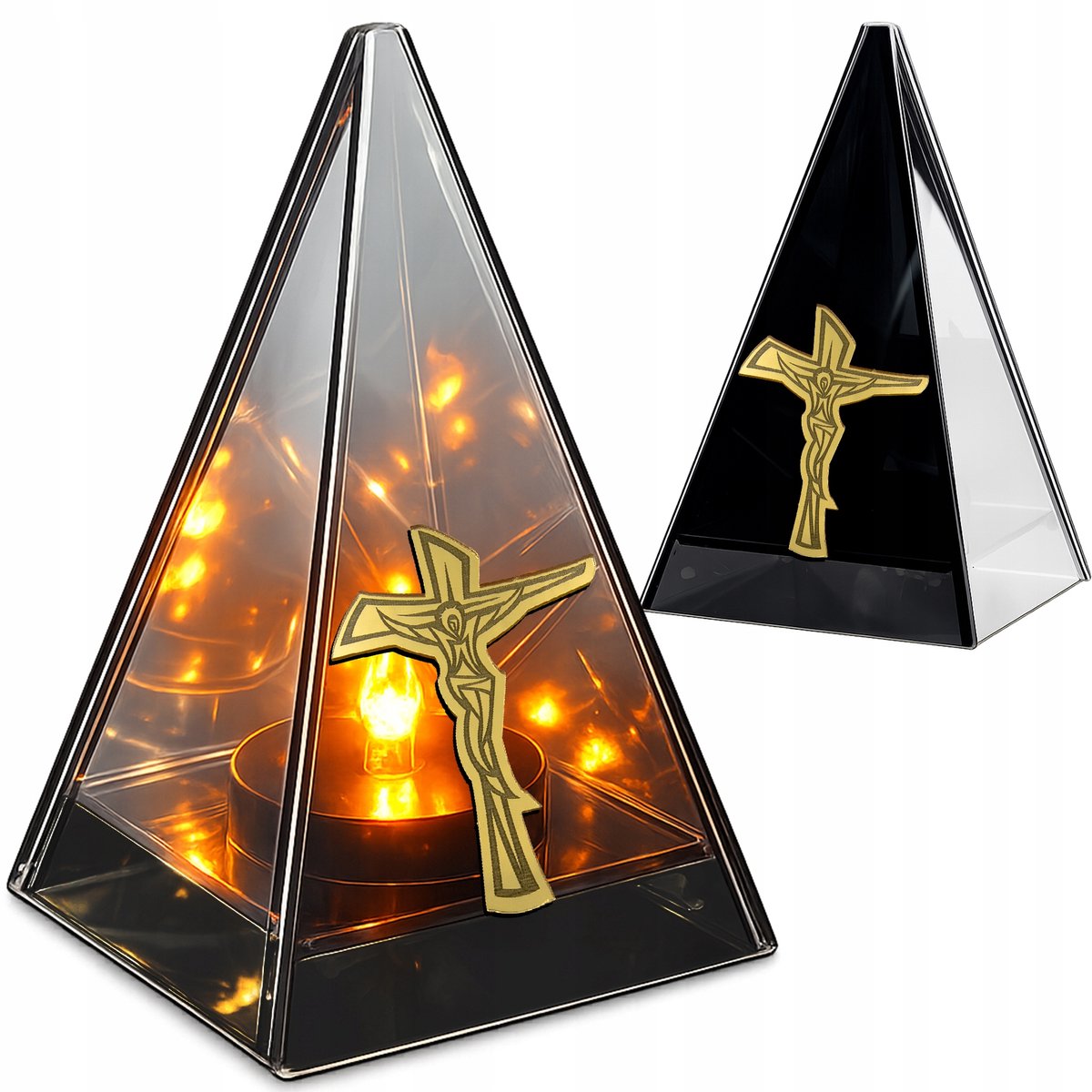 LED Graf Lampion met Vlameffect - Glazen Gouden Kruis