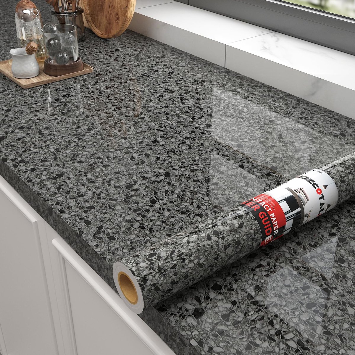 SolidKeus - Meubelfolie met Zwart en Grijs Terrazzo Patroon