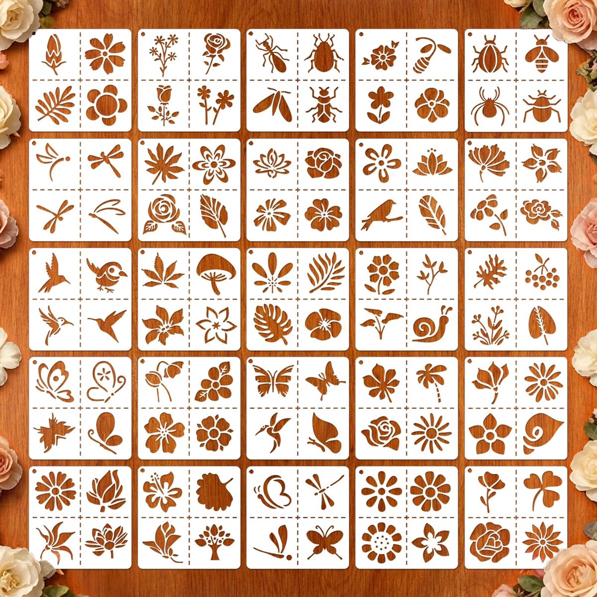 SolidKeus - 25 Stuks Herbruikbare Bloem Stencils voor Schilderen