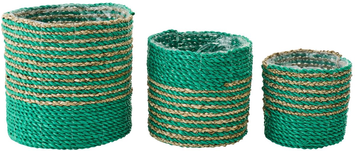 J-Line bloempot Gestreept - zeegras - naturel/donkergroen - set van 3
