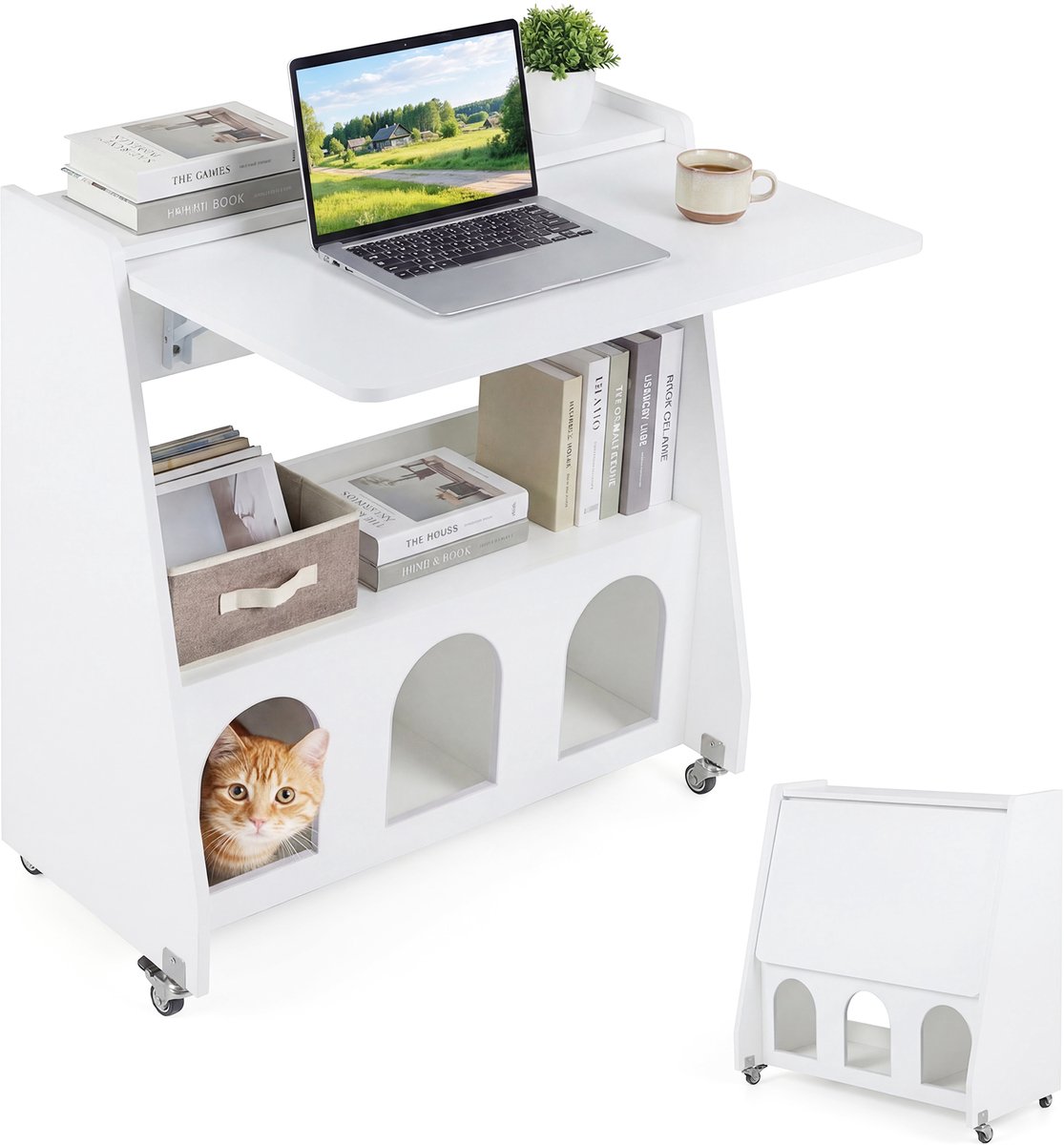COSTWAY Sta-bureau met wieltjes, bureau met inklapbaar tafelblad, sprekerbureau, ruimtebesparende computertafel met legplank en vakken, klapbureau voor kantoor en seminar (wit)
