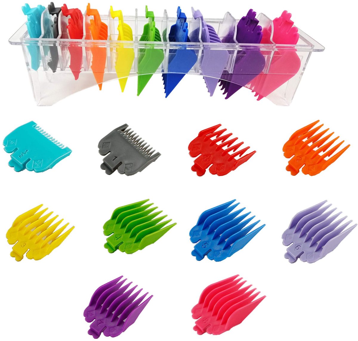 Opzetstukken voor tondeuse, 10-delige set, geschikt voor gebruik in de kapperszaak.
