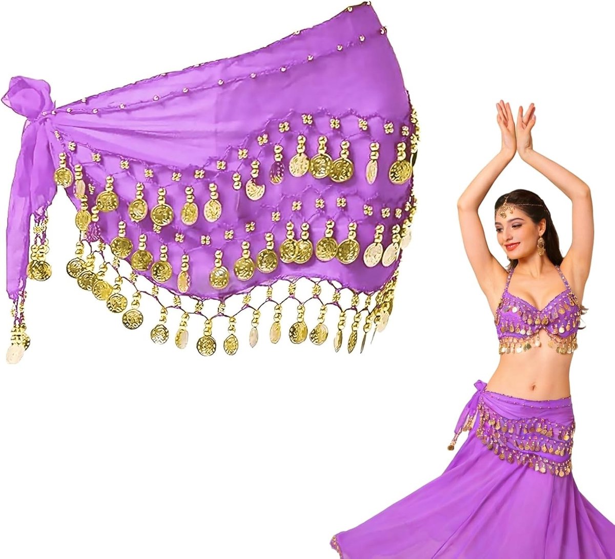 Bellydance Heup Sjaal met 90+ Munten voor Vrouwen - Chiffon Kostuum, Dansaccessoires en Feestoutfit van 55 Inch in Licht Paars