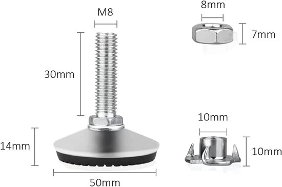 Verstelbare meubelpoot met metalen constructie, 4 stuks M8x30mm, zware kwaliteit, antisliprubber en T-nuts voor stabiliteit — afbeelding 5