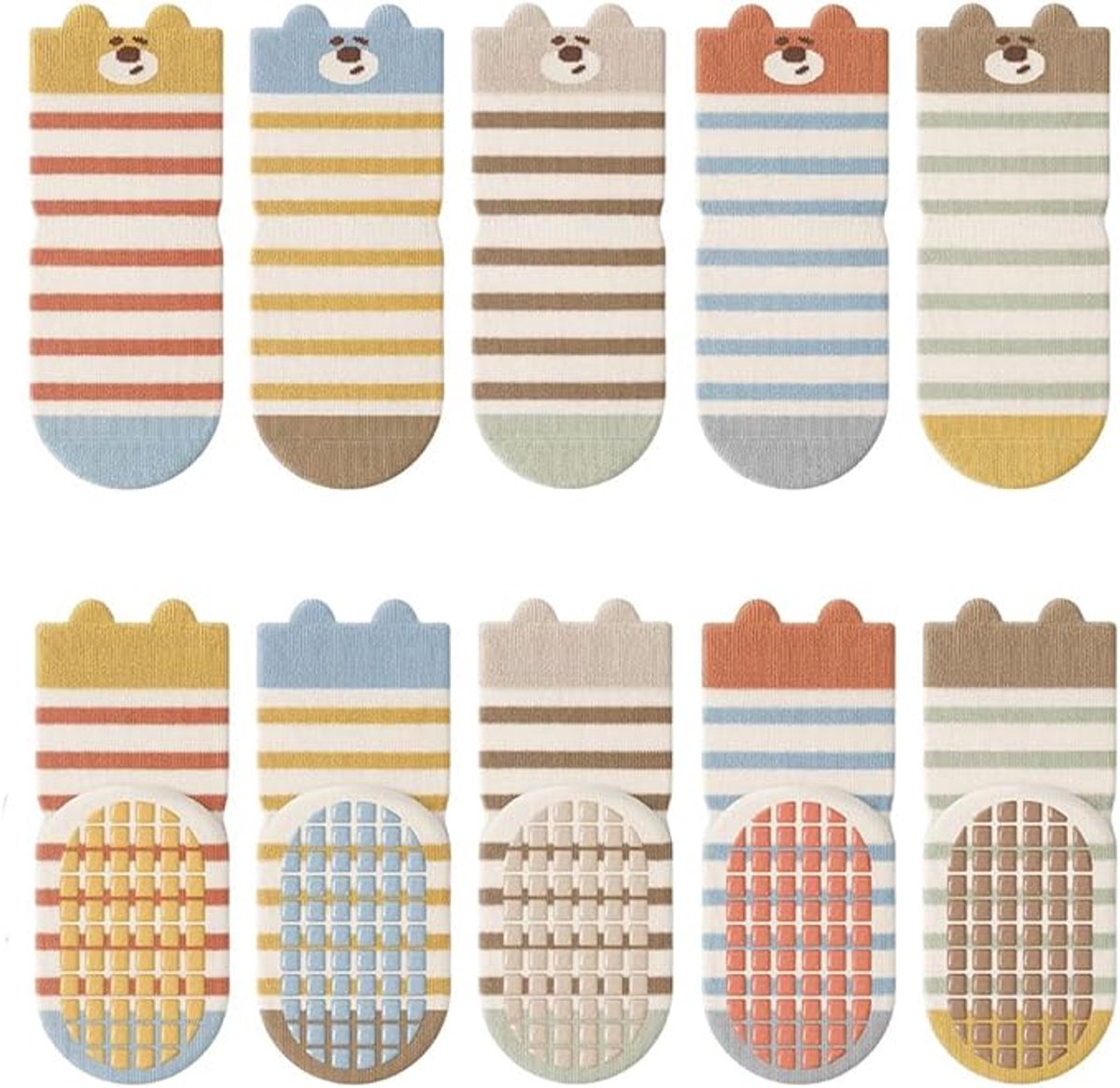 Set van 5 paren gestreepte babysokjes met berenoren maat S voor baby 0-1 jaar (aanbevolen voetlengte 9–11 cm), middenhoge antislip vloersokjes met siliconen roostergrip