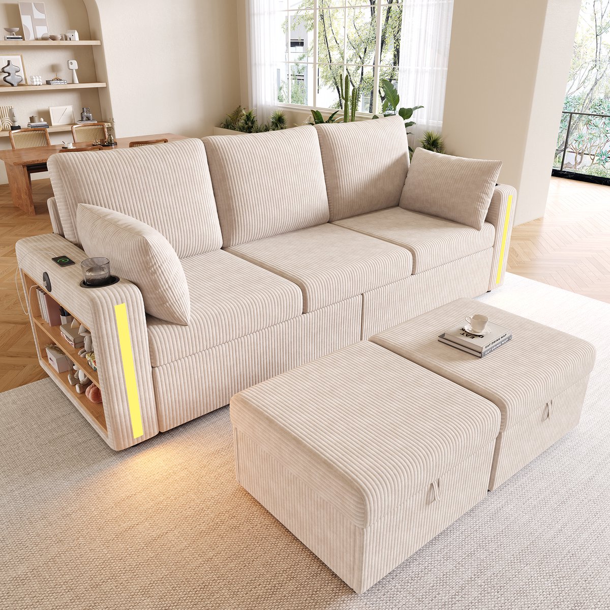 Sofa - Modulair U-/L-vormig 5-zits met 2 opbergpoefs, LED-sfeerverlichting, USB/Type-C, drinkhouder & lades - 190x130x85 cm - Beige