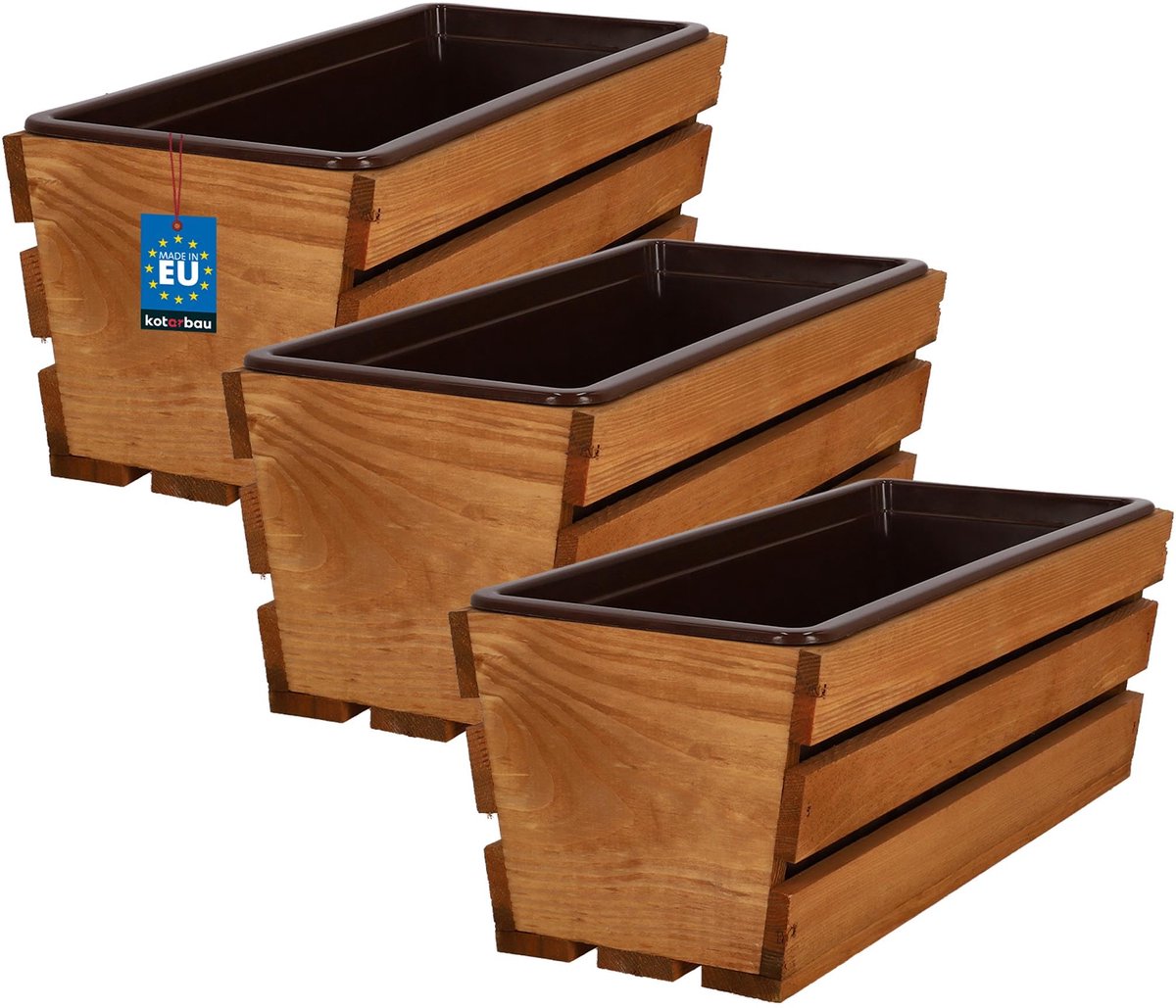 KOTARBAU® 3 Stuks - Houten Plantenbak - Bloembak Hout - met Kunststof Inzetstuk - Balkonbak - 40 x 18 x 15 cm - Eik - voor Terras - Balkon - Deko Planten