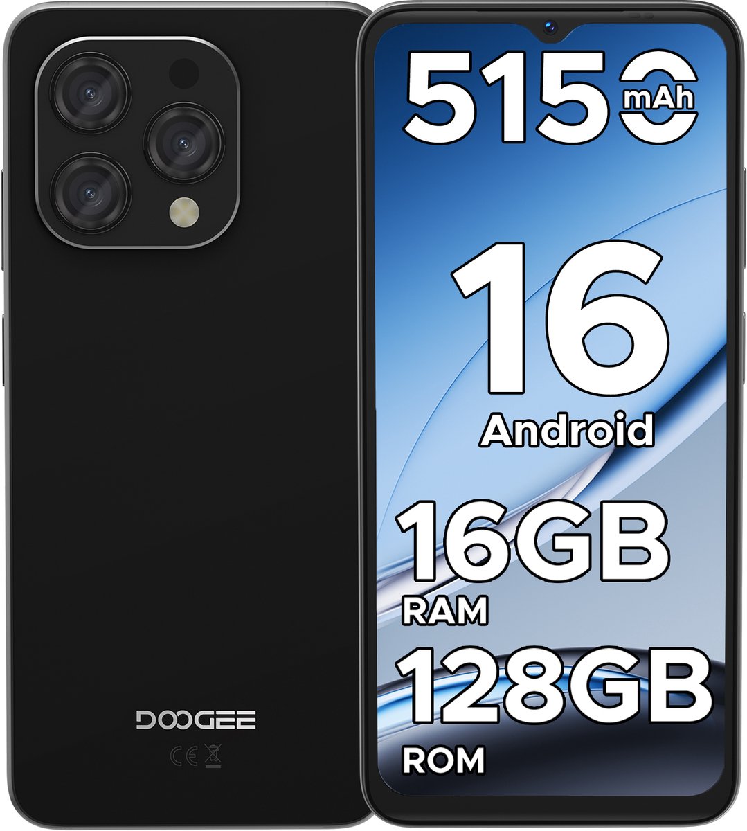 DOOGEE N55 - Smartphone - 16 GB RAM + 128 GB ROM（2TB/TF） - 6.56 inch + 90Hz IPS - 4G Dual SIM - 5150mAh - Android 16 - 5G WiFi - Face ID - GPS - Widevine L1 - Zwart