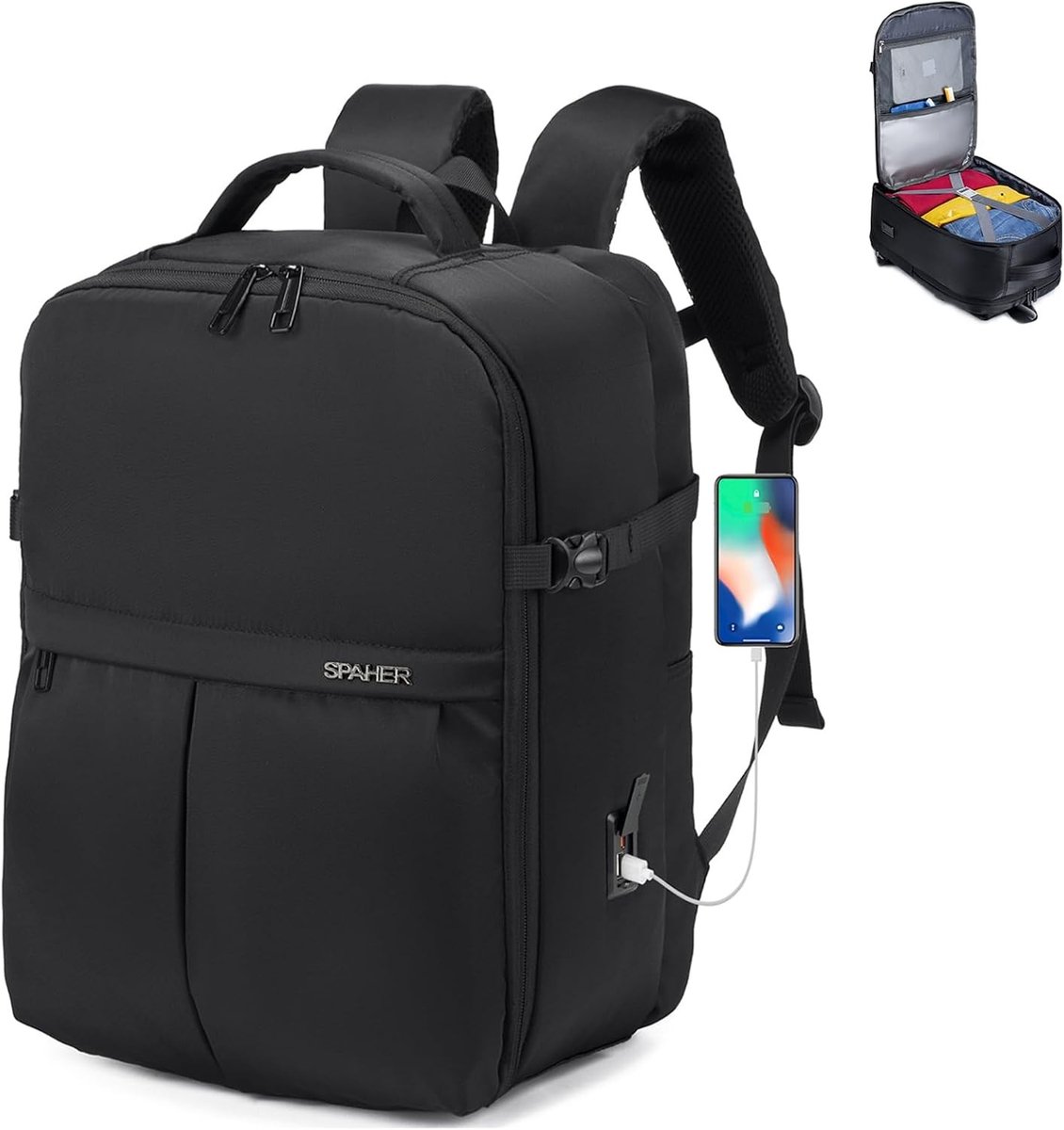 25L Reistas voor Cabin Luggage met USB Oplaadpoort, 180° Opening, Waterdicht, Inclusief 2 Vacuümzakken en Natzakken, Geschikt voor 15.6-Inch Laptop, Ideaal voor Reizen en Werk