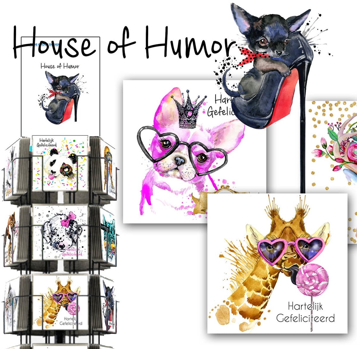 House of Humor 15x15cm complete serie inclusief display in bruikleen, topkaart en backcards