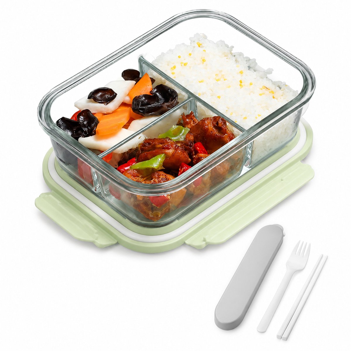 VHV - Glazen Lunchbox 1060 ml - Lunchbox met 2 Vakken en Bestek, Matchagroene Vershoudbak met Deksel en Clipsluiting - Meal Prep Bakje voor Werk, School en Onderweg