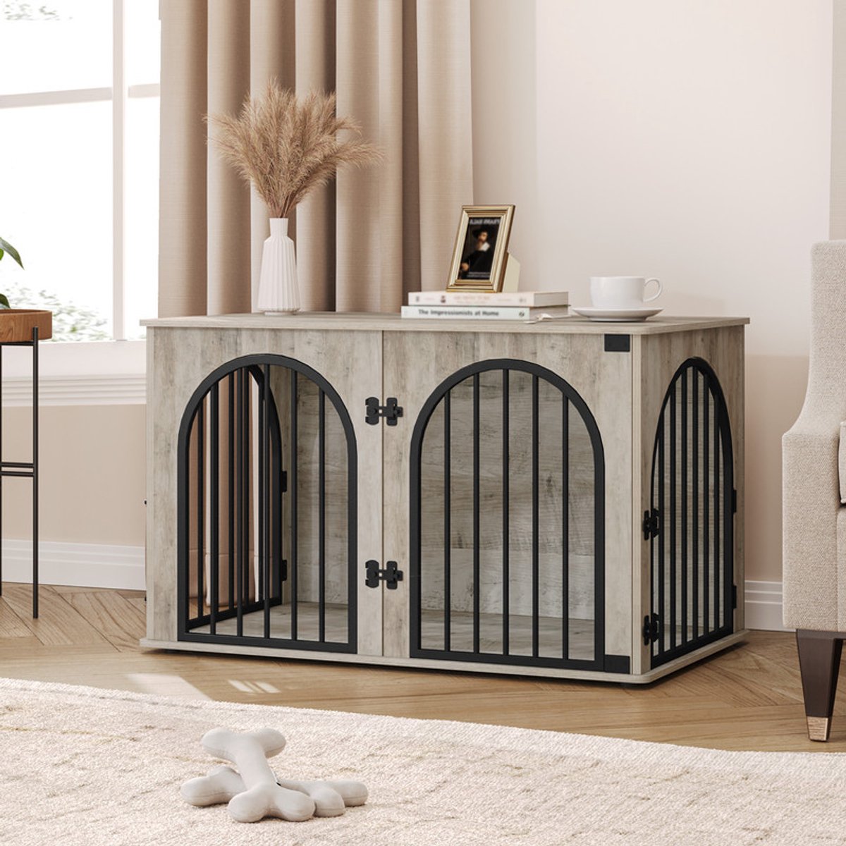 Hzuaneri 100 cm Hondenbench, meubel, hondenbox, 3 deuren, gebogen deur, moderne hondenboxs binnen voor honden, bijzettafel, hondenkooi voor thuis, robuuste hondenbox, 60 x 100 x 63 cm, Lichtivoor