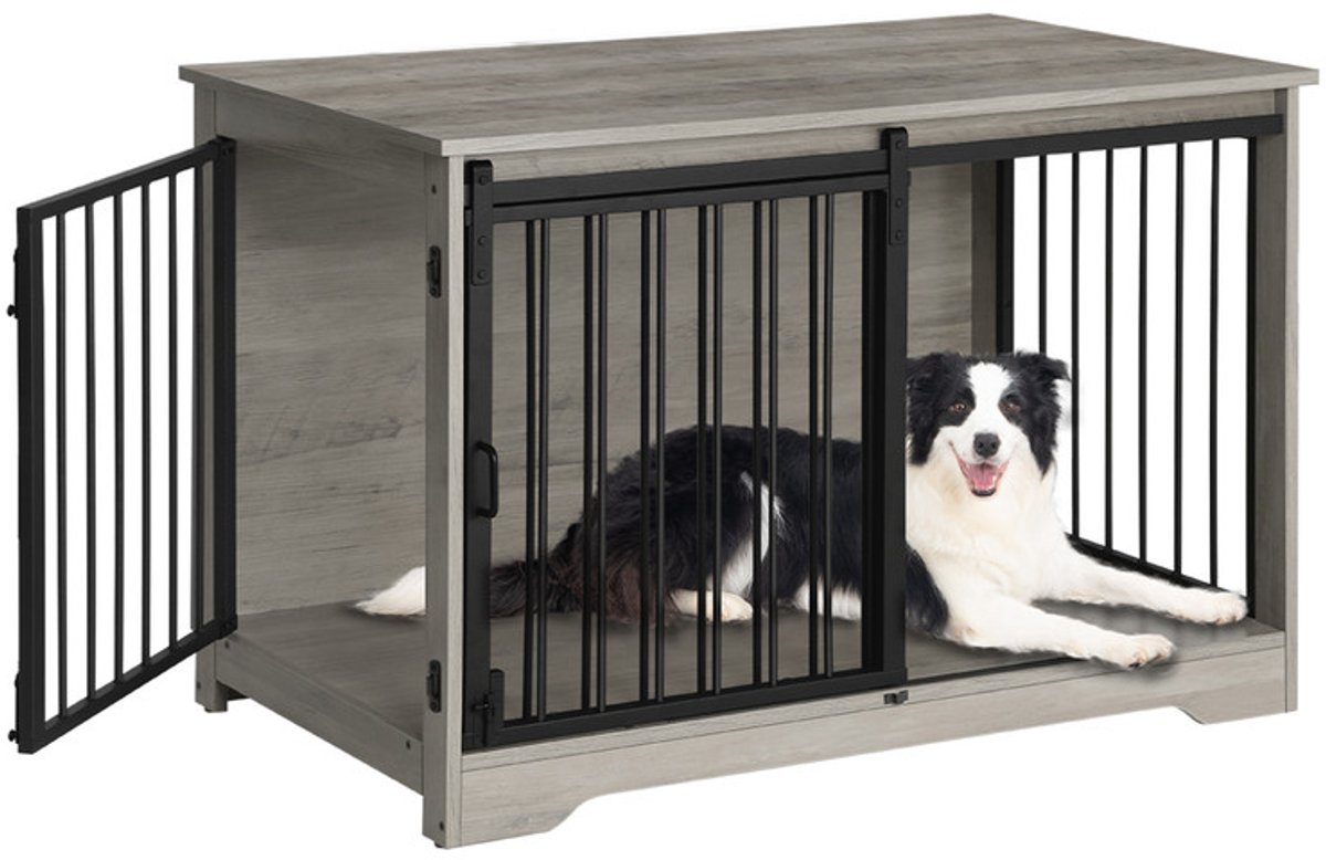 Hzuaneri Hondenbench, 100 cm, 2 Deuren, Licht Ivoor, Schuifdeuren, Moderne Houten Binnenbench Voor Middelgrote Of Grote Honden, Hondenkooi Voor Thuis, 100 x 60 x 68 cm