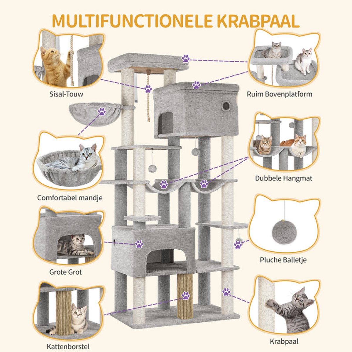Hzuaneri Krabpaal, 185 cm XL Krabpaal met 10 krabpalen, 2 holen, 2 hangmatten, groot platform, kattenborstels, mandje, robuuste krabpaal voor Maine Coons en grote katten, lichtgrijs thumbnail 5