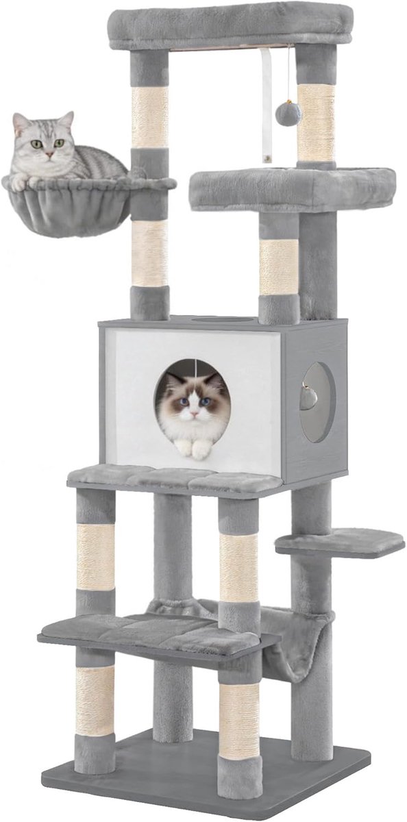 Hzuaneri Grote krabpaal, 166 cm hoog, met 8 krabpalen, verwijderbare en wasbare mat, 1 grot, 2 platforms, 1 kattenmand, hangmat en 2 pluche ballen, grijs