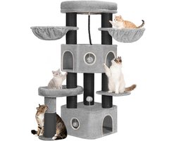 HILINSIE Krabpaal, 163 cm kattenboom, 11 cm d dikke sisalstammen, voor grote katten, 2 grotten, ruim platform, pluche bal, kattenborstel, kattenkrabpaal met meerdere verdiepingen, lichtgrijs zwart