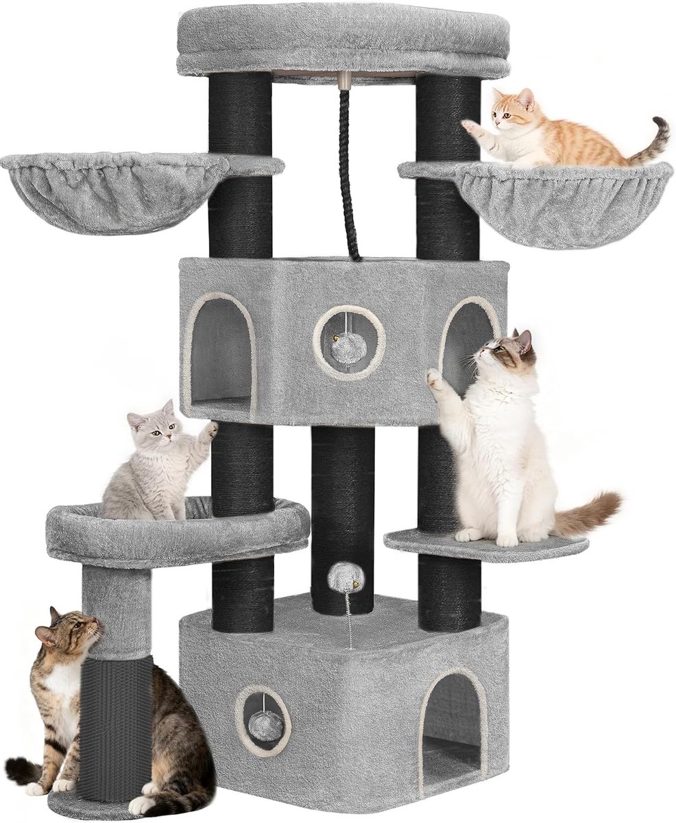 Hzuaneri Krabpaal, 163 cm kattenboom, 11 cm d dikke sisalstammen, voor grote katten, 2 grotten, ruim platform, pluche bal, kattenborstel, kattenkrabpaal met meerdere verdiepingen, lichtgrijs zwart