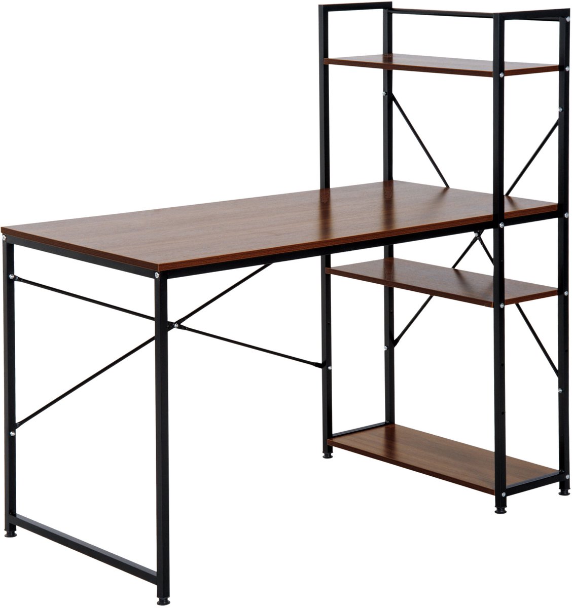 Hoekbureau met opbergruimte, industrieel design met 3-planken boekenkast, spaanplaat, walnootafwerking, zwart metaal | Boekenkast met 3 planken, spaanplaat