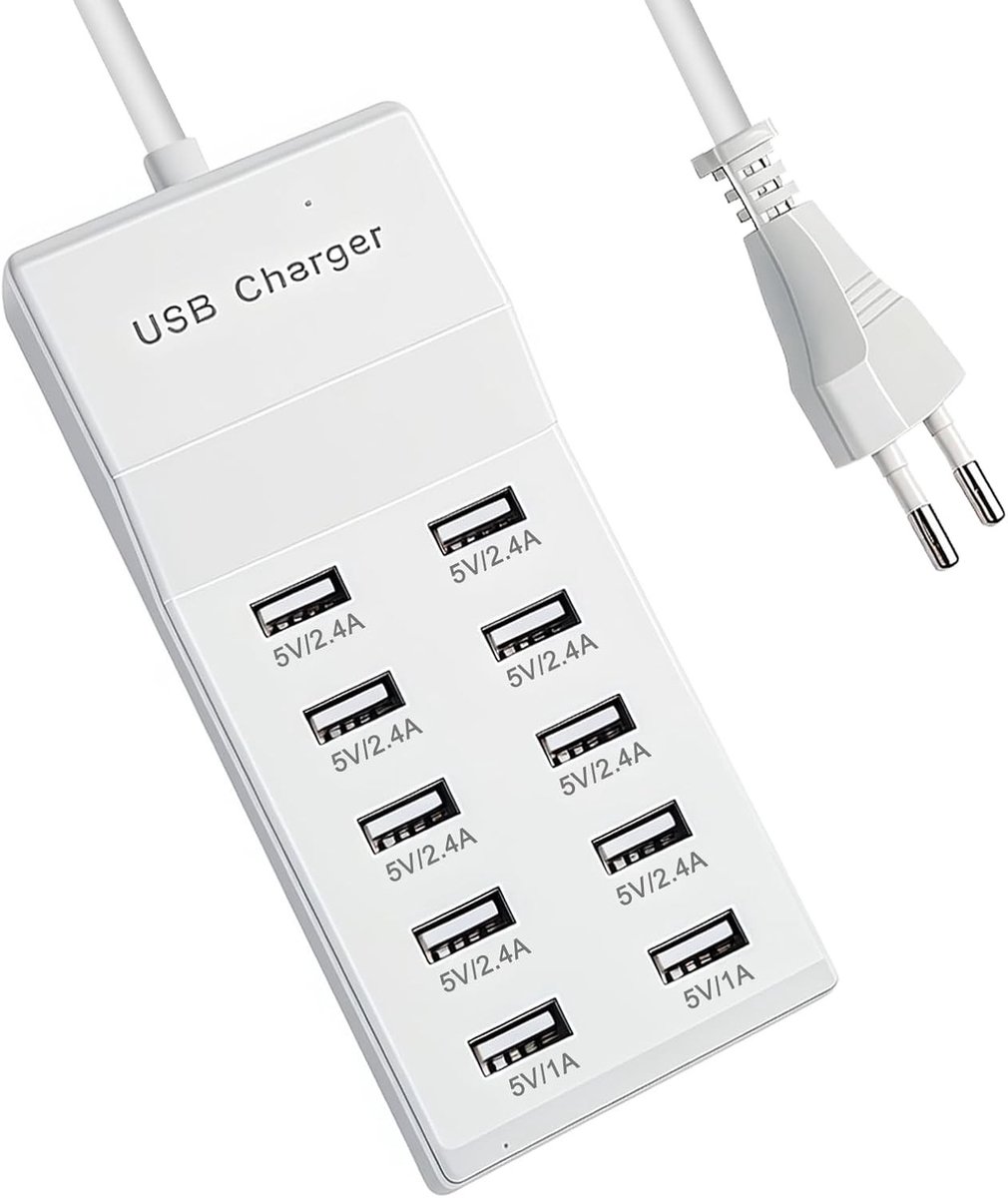 50W USB Oplader met 10 Poorten - Snelle Multi-Device Oplaadstation voor Smartphones en Tablets, Ideaal voor Thuis en Kantoor