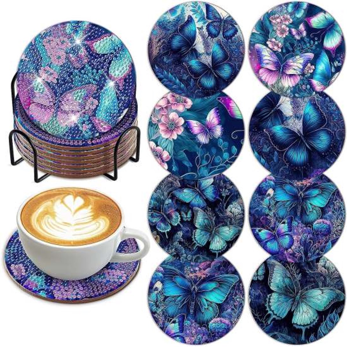 YYchan DIY Diamond Painting Onderzetters Set - 8 Stuks met Houder - Handgemaakt & Hittebestendig - Pakket Volwassenen en Kinderen - Vlinder