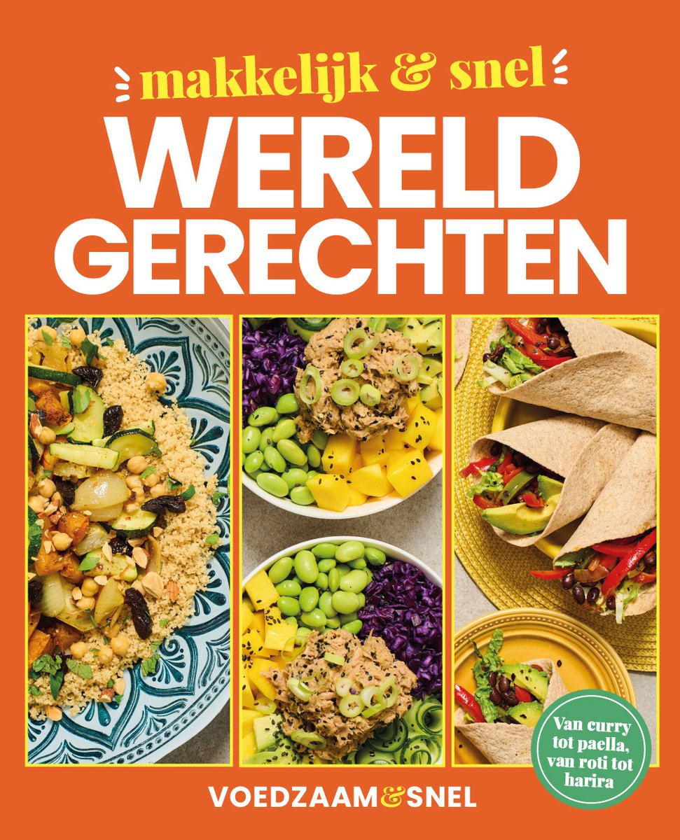 Boekomslag met de titel 'Makkelijk & Snel Wereldgerechten'. Drie gerechten worden getoond: couscous met groenten, saladebowls met tonijn en wraps.