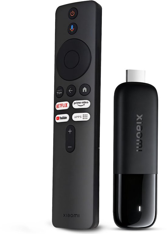 Télécommande noire Xiaomi et une clé de streaming noire avec connecteur HDMI, placées côte à côte.