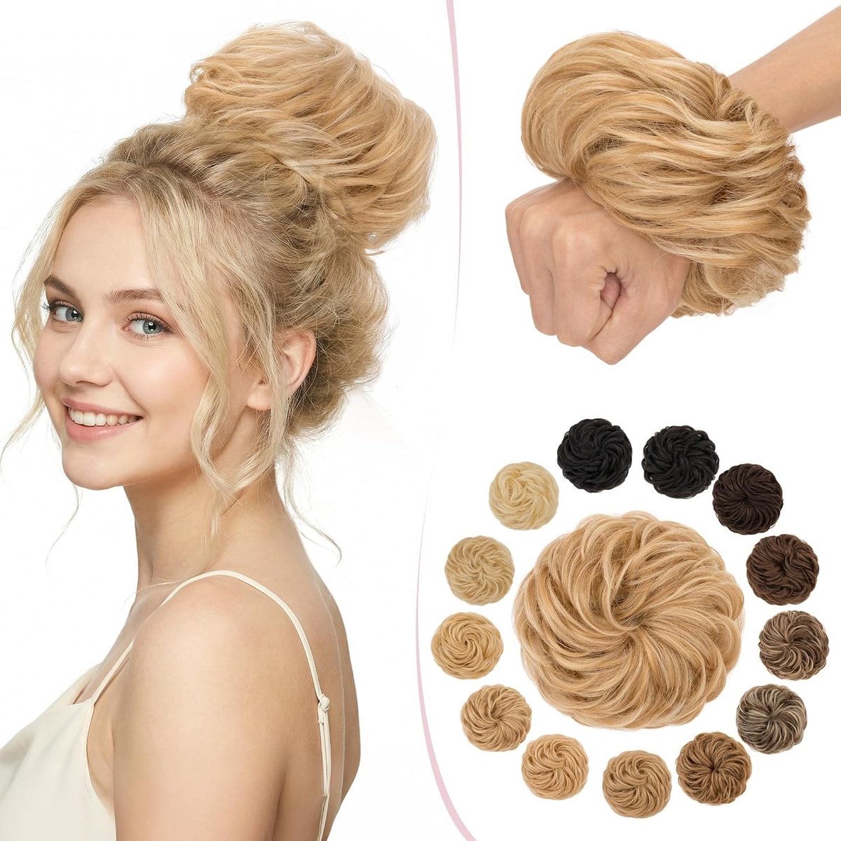 Haarstuk voor Messy Bun - Witbruin/lichtblond #12p613 - 45g - Echt Haar met Elastische Band - Voor Dun Haar