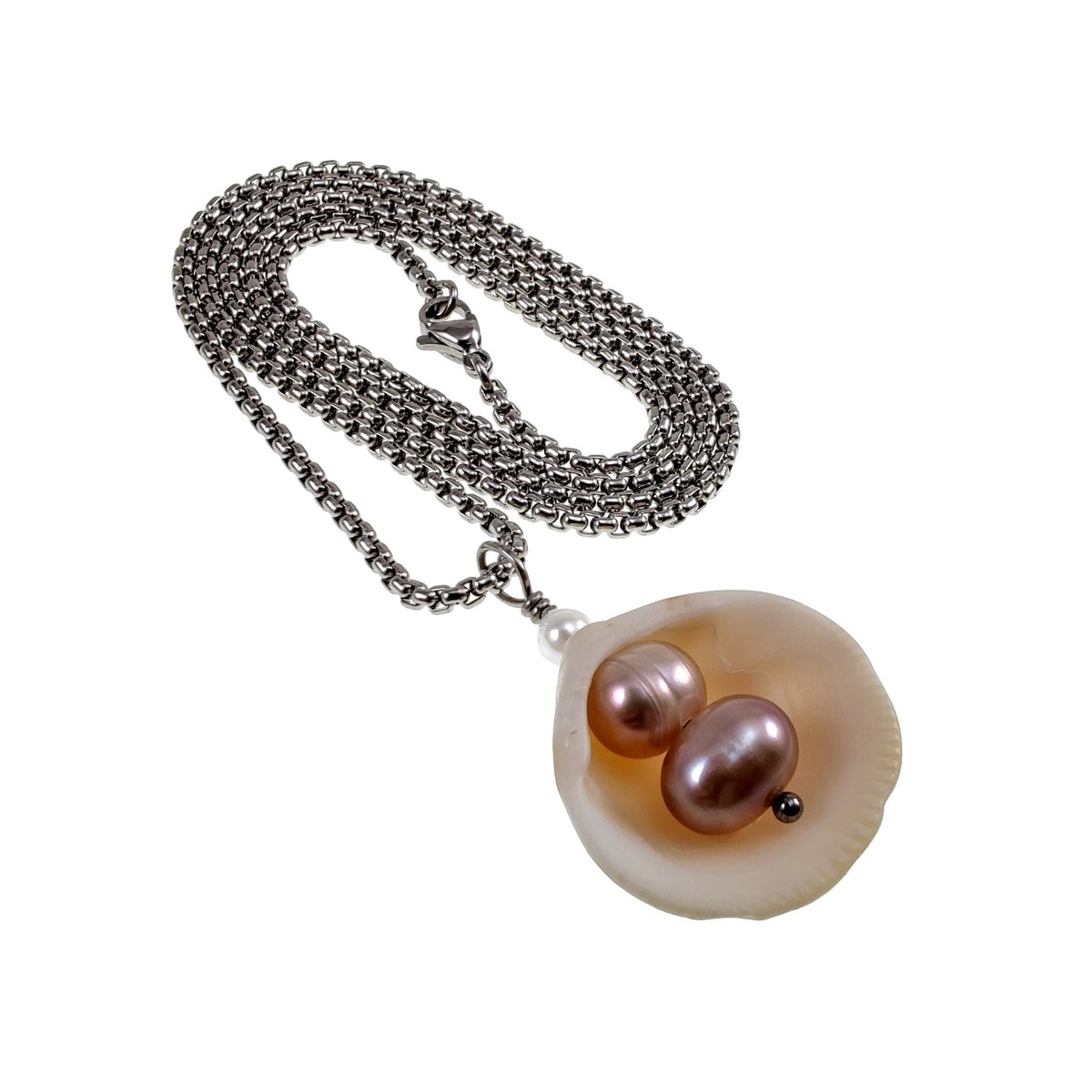 RVS Jasseron-Ketting 55cm x 2mm + Hanger met Natuurlijke Schelp en Roze Zoetwaterparels - Handgemaakt door esde2