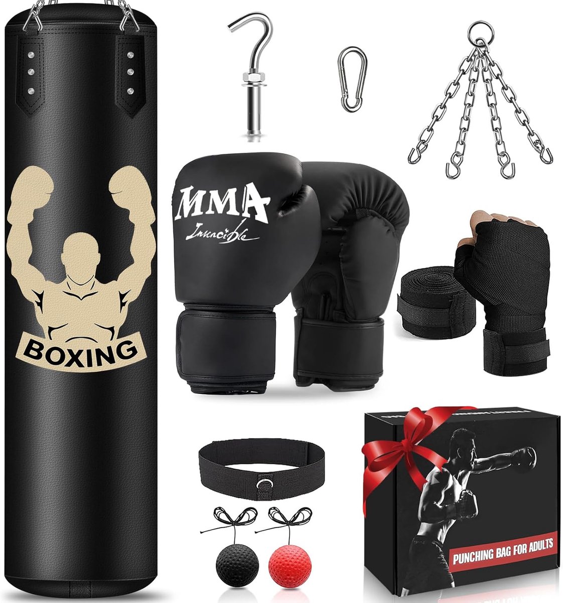 SnelShoppen - Zware bokszakset 4FT ongevulde schopzak, reflexbal, MMA-handschoenen, polsband, bokstrainingsapparatuur voor volwassenen, karate, kickbo