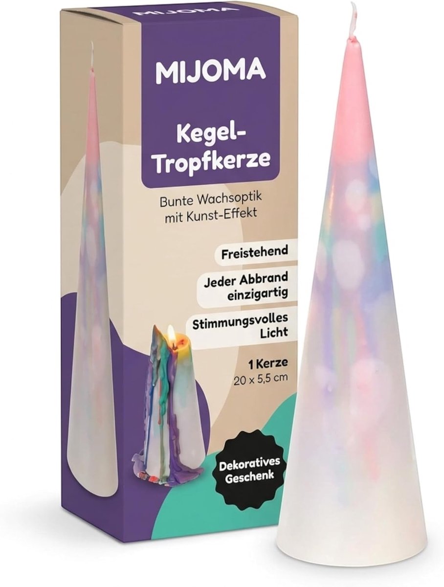 SnelShoppen - MIJOMA Cone Druipkaars, Kleurrijke Wasdruppels, 20 x 5.5 cm, Magische Kegelkaars voor Creatieve Decoratie en Sfeervolle Verlichting