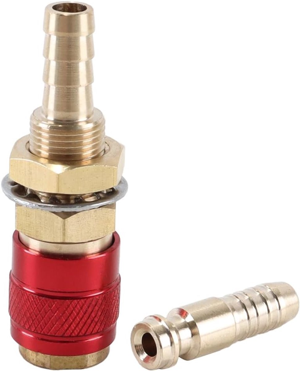 SnelShoppen - Gas- en watersnelkoppeling 8 mm voor buizen met slang, messing, duurzaam, snelkoppeling, rood, ideaal voor TIG lassen en wateraansluitin